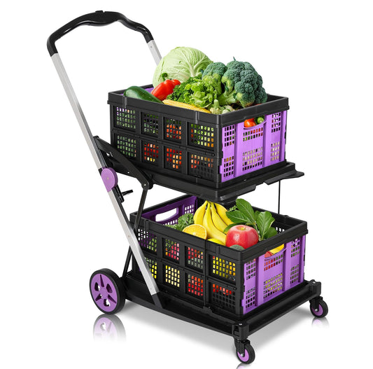 Collapsible Shopping Cart on Wheels, Folding Shopping Cart with 360° Swivel Wheels, Multi Use Utility Cart Adjustable Portable Trolley with 2 Storage Crate, Used for Picnic, Supermarket, Purple