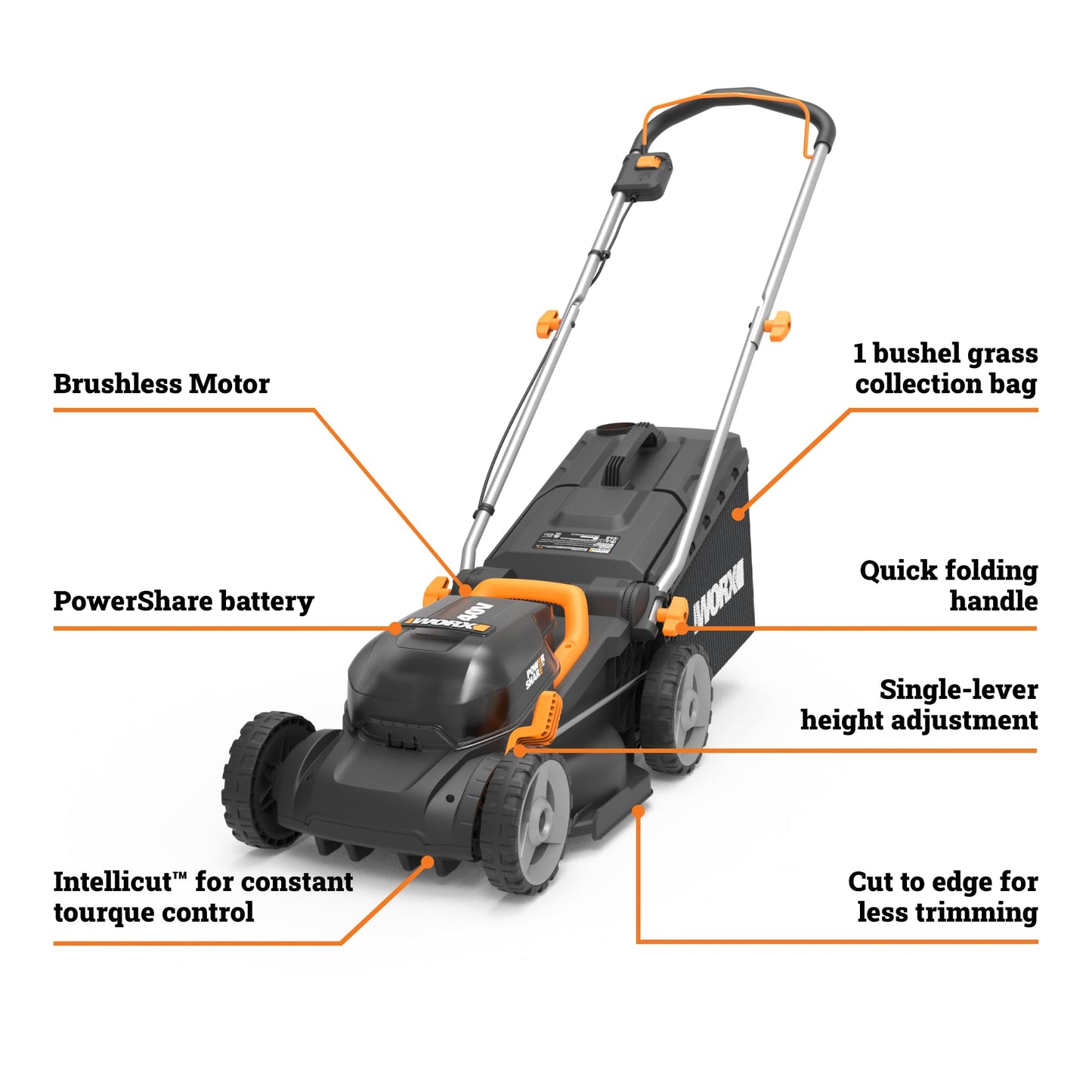 WORX Cordless Lawn Mower, 14" Electric Mower with Brushless Motor, Lightweight Push Lawn Mower with 6-Position Height Adjustment for Small Yards, 2 Batteries & Charger Included, WG735