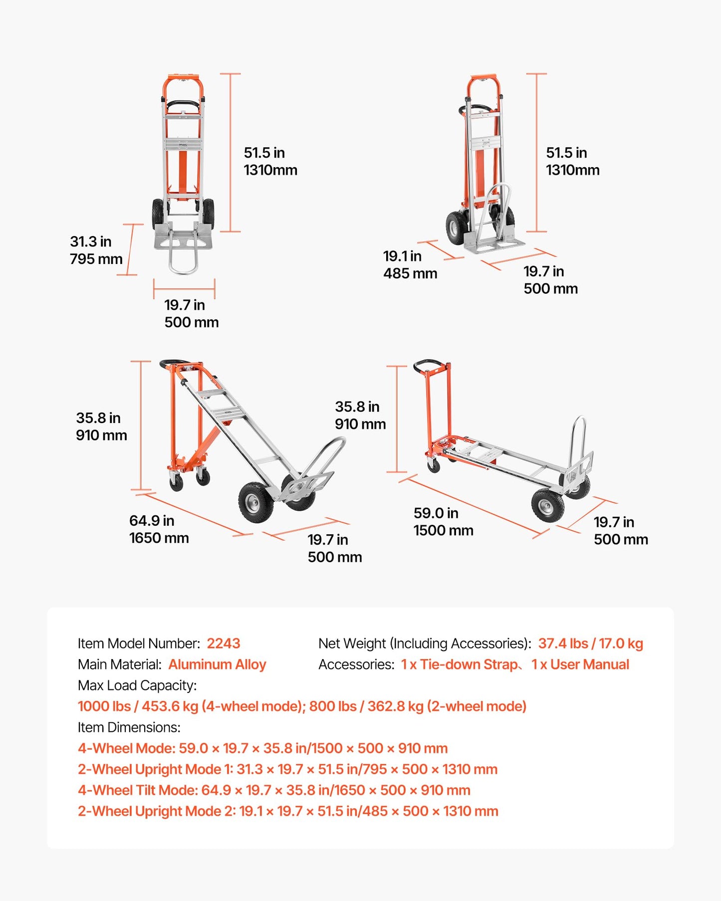 VEVOR 4 in 1 Hand Truck, 1000 lbs Load Capacity for 4-Wheel Mode, Convertible Hand Truck Dolly with Non-Slip Handle & Wheels, Aluminum Alloy Portable Trolley Dolly for Moving Home, Office, Warehouse