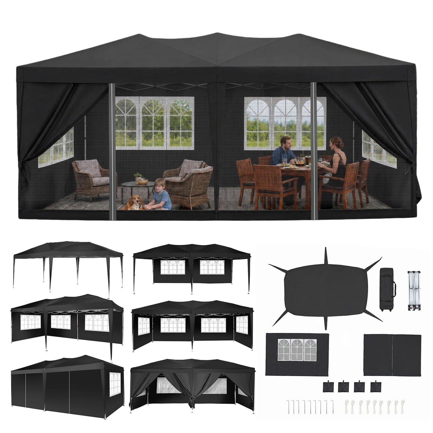NorthSky10x20 Pop Up Canopy Easy Set-up Tent, Portable Outdoor Canopy Instant Tent with 6 Sidewalls & 2 Mosquito Netting,Commercial Gazebo Home, Party & Outdoor Activities（Black）