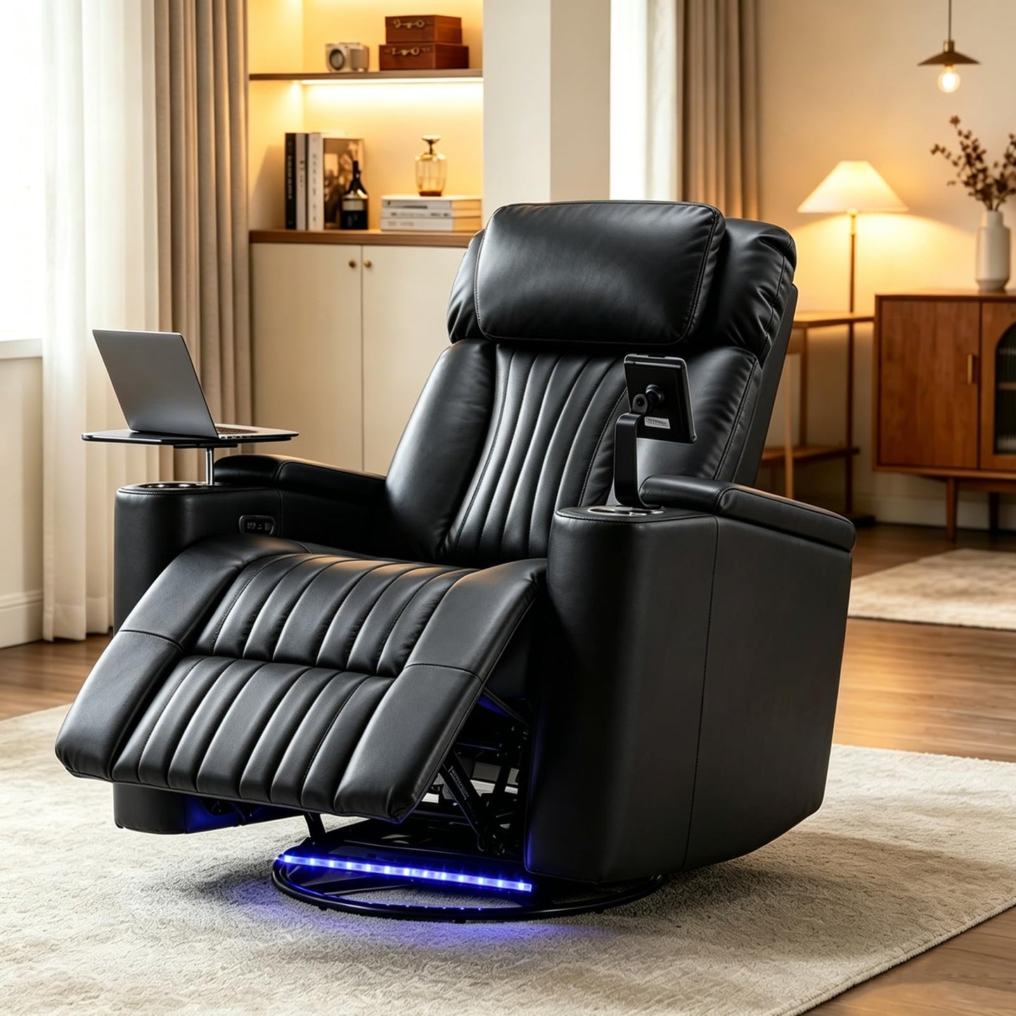 COSYTREE Home Theater Seating Power Recliner Chair, 270°Swivel PU Leather Theater Recliner with LED Ambient Lights, 360°Rotating Tray Table,USB Charging,Cup Holders & Hidden Arm Storage, Black