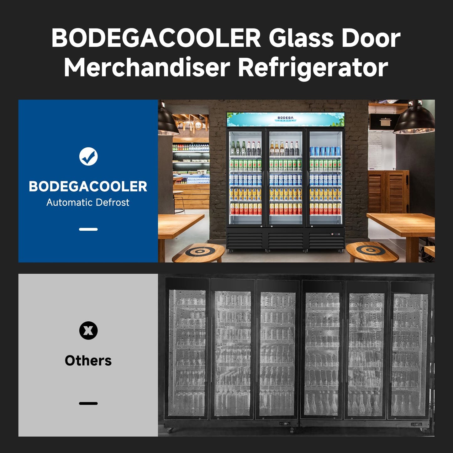 BODEGACOOLER 67.3“W 53 Cu. Ft Commercial Beverage Refrigerator,3 Glass Door Merchandiser Cooler, Display Refrigerator with LED Lighting, Adjustable Shelves, Temperature Control, Heavy-Duty Casters