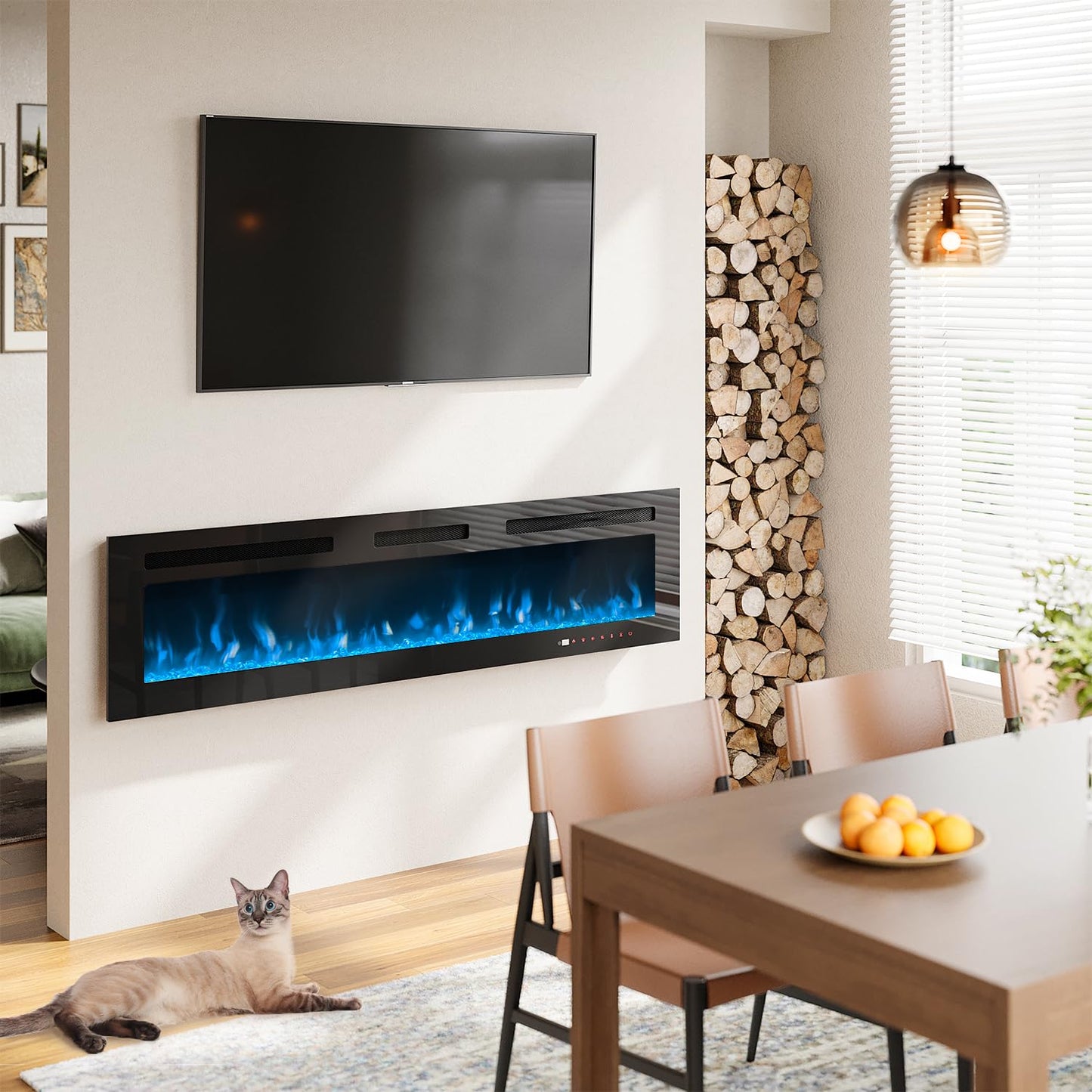 OneBlis Electric Fireplace, 60 inch Wide Recessed/Wall Mounted Electric Fireplace, Remote Control with Timer 12 Adjustable Color Flame, Remote Control, Log Set & Crystal