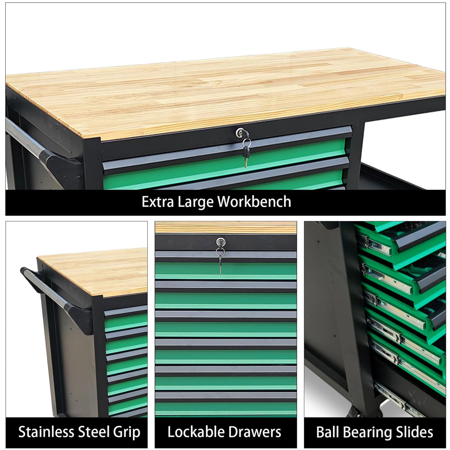 StrideoooTrek Tool Cabinet with 7 Storage Drawers, Wood Top Workbench, Brake Caster,Lockable Drawer,Black Metal Frame Tool Chest with Double Shelves for Garage, Workshop, or Outdoor Use(7 Drawers)