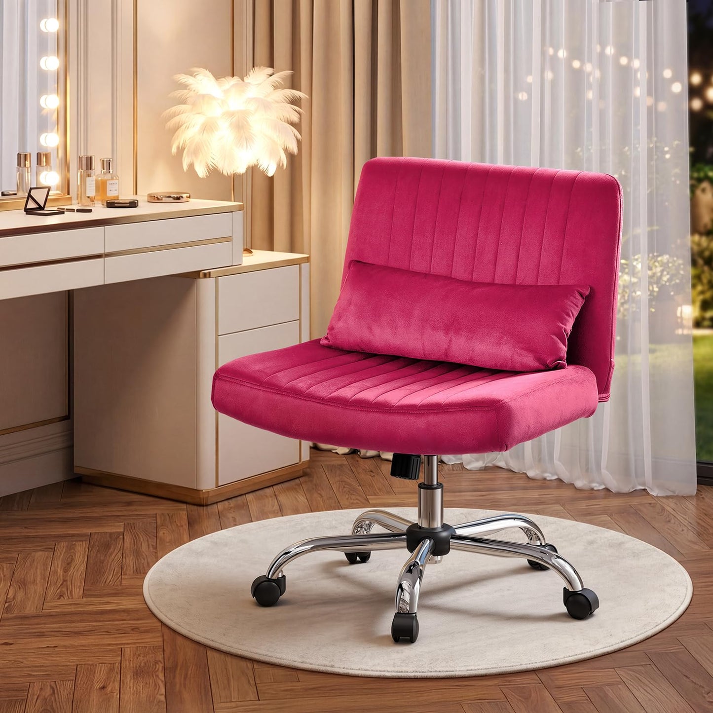 Warmiehomy Criss Cross Office Chair with Wheels, Velvet Cross Legged Desk Chairs for Home, Height Adjustable Swivel Wide Seat Computer Chair, Modern Vanity Chair for Women, Hot Pink