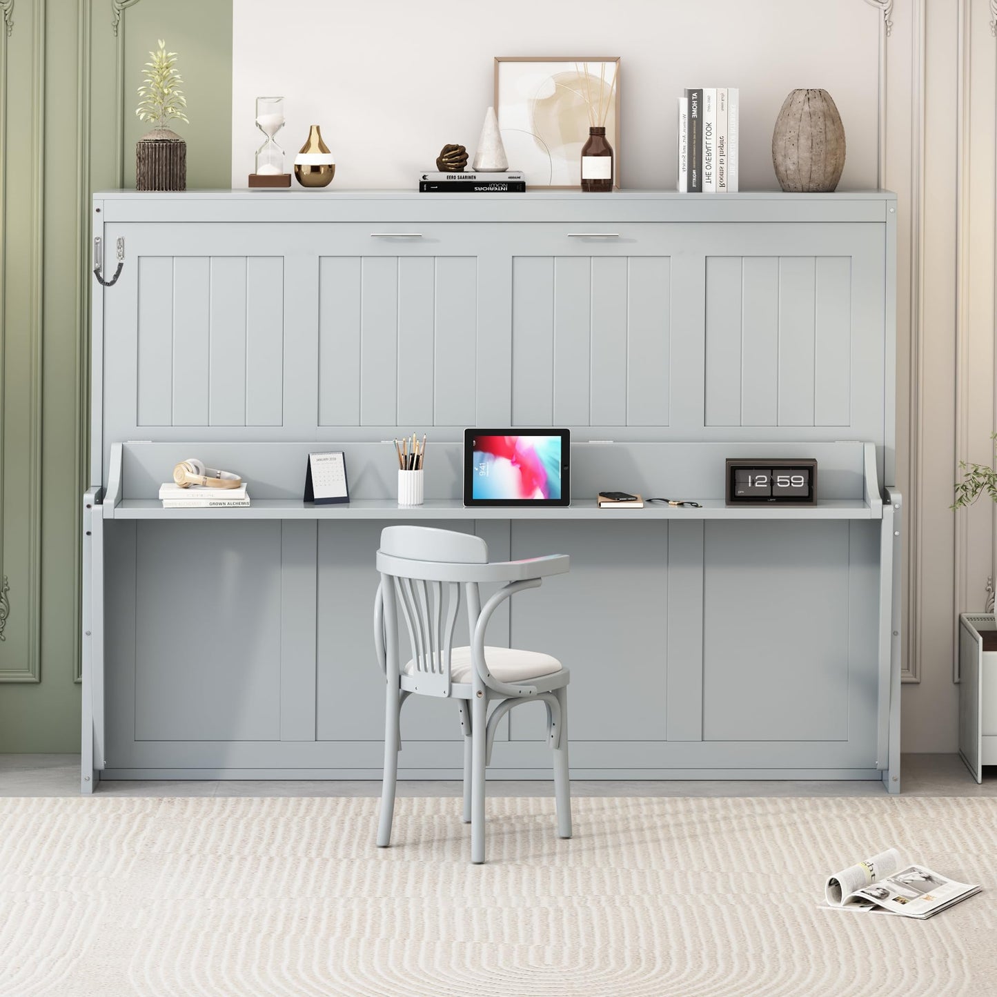 Merax Murphy Bed Queen Size with Desk, Wood Folding Wall Bedframe with Smooth Hydraulic Lift, for Small Bedroom, Guest Room, Home Office, Grey