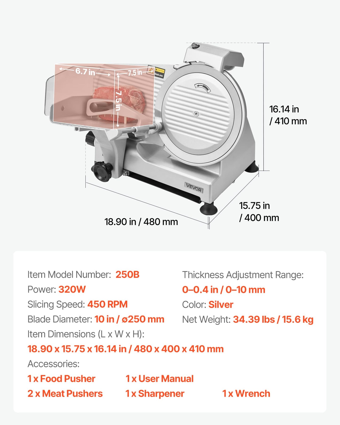 VEVOR Commercial Meat Slicer, 320W Electric Deli Slicer Machine with 10 inch SUS420 Blade, 0-0.4 inch Adjustable Thickness, for Frozen Meat, Ham, Baguett, Steak