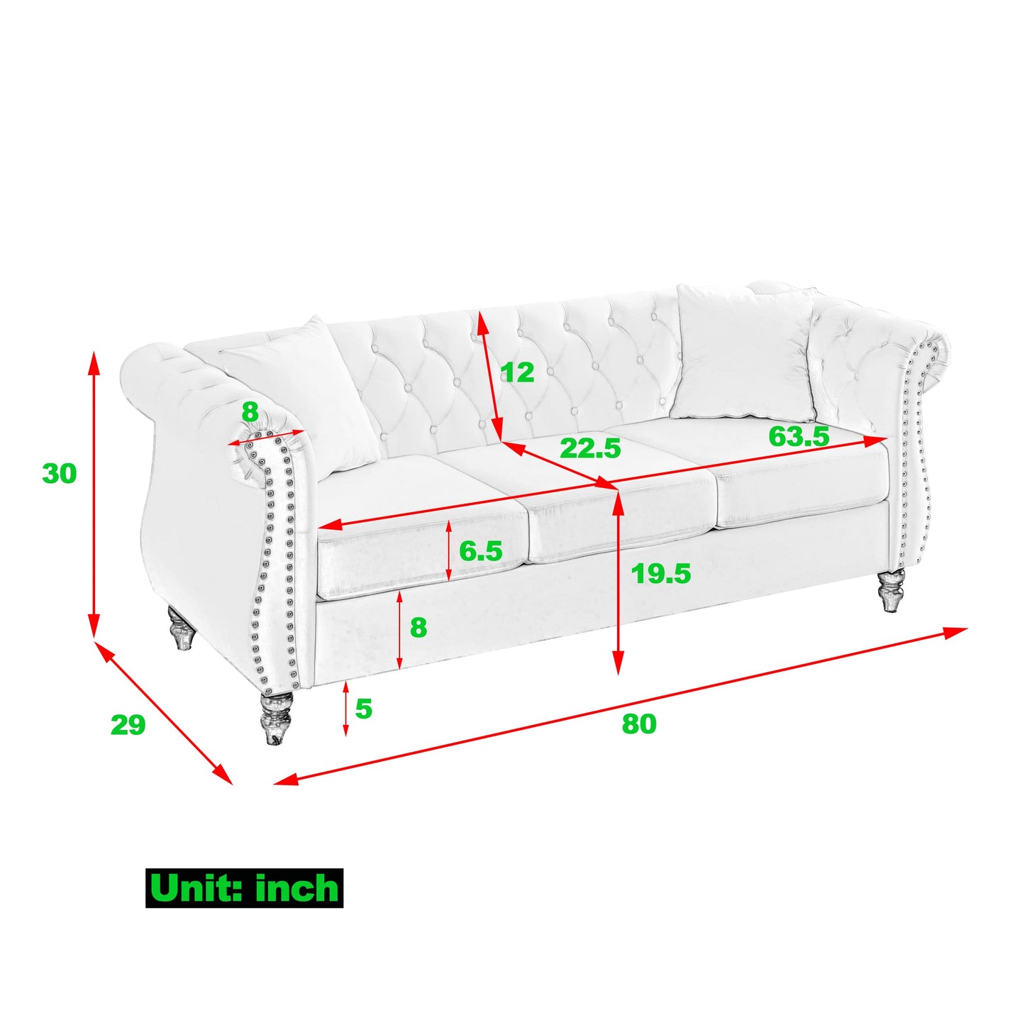 KEIKI Chesterfield Sofa, Retro Style Upholstered 3 Seater Velvet Couch with Rolled Arm for Living Room Bedroom Office Apartment, Grey