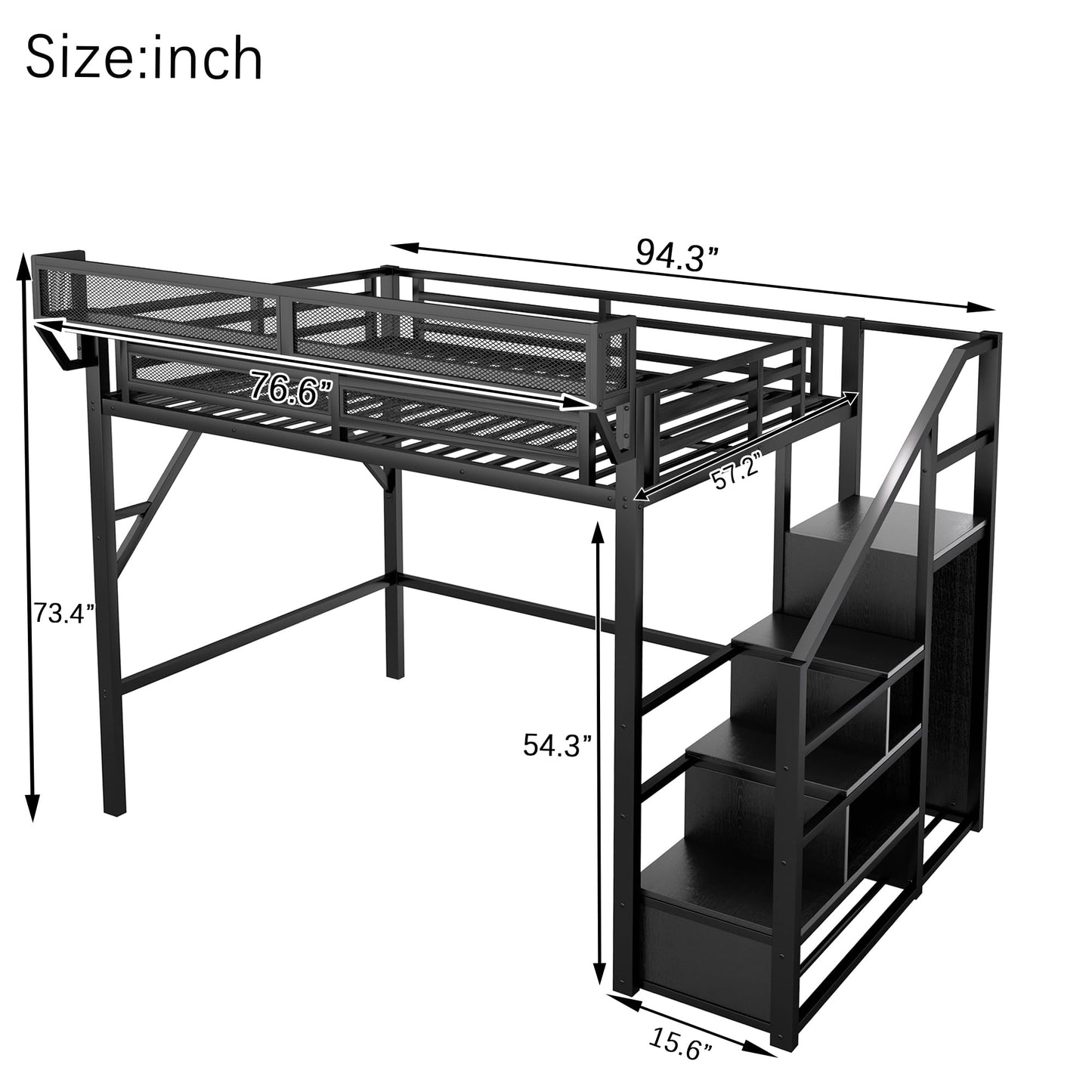 KEIKI Full Size Metal Loft Bed Frame with Convertible Staircase, Built-in Storage Shelves and Wardrobe, Loft Bed with Solid Slats, Guardrail, No Box Spring Required, Easy Assembly, for Bedroom, Black