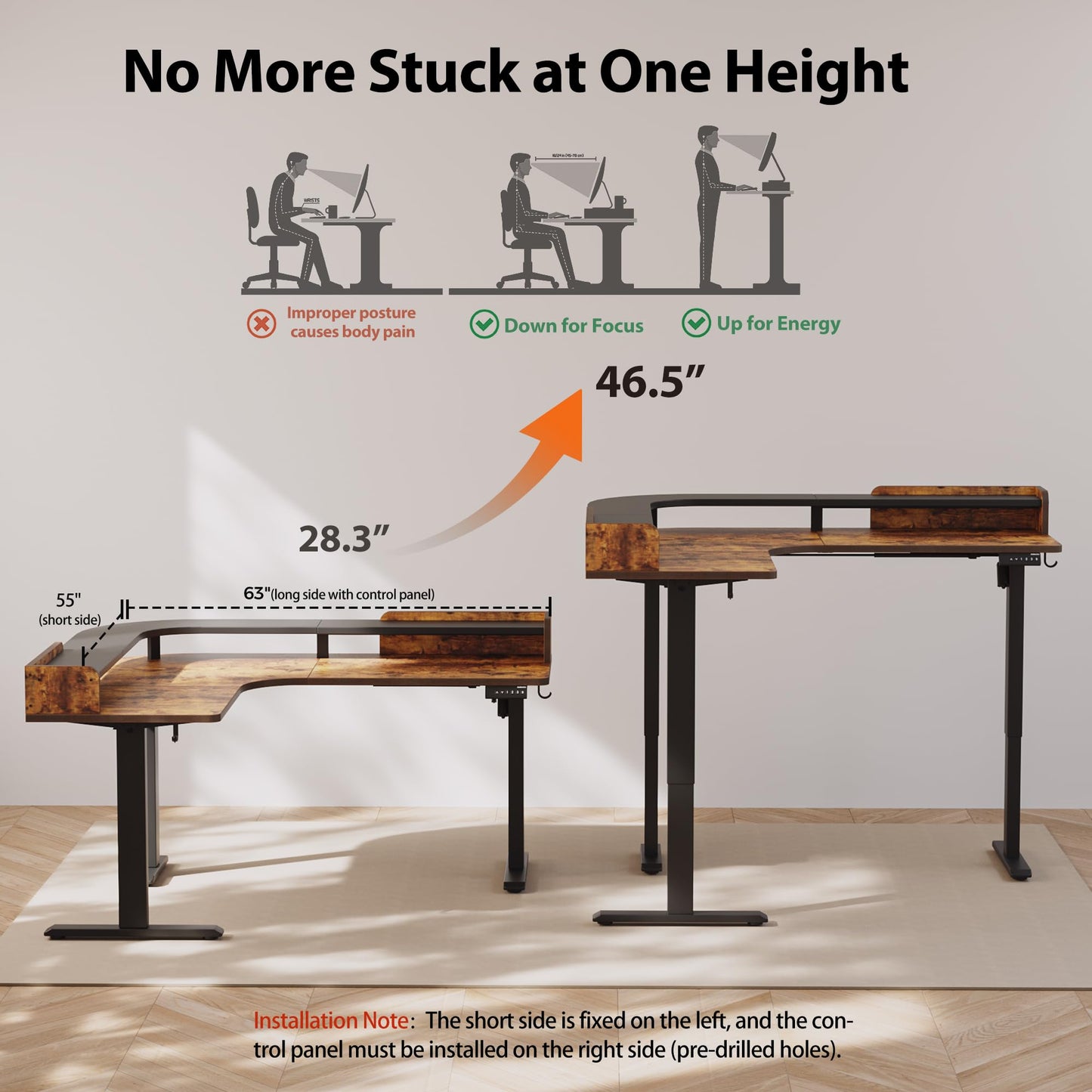 Agilestic L Shaped Standing Desk, Corner Desk with Monitor Shelf, Adjustable Height Gaming Table, Sit Stand Up Table, 63 x 55 Inch Home Office Computer Workstation, Splice Board, Rustic Brown