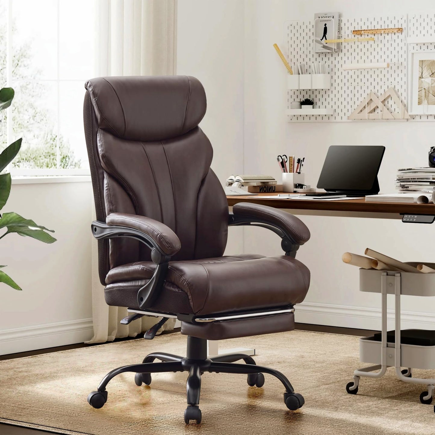 Big and Tall Office Chairs with Foot Rest,500LBS Wide Ergonomic Gaming Chair,100-135°Recline Executive Leather Computer Chairs with Adjustable Height,Coffee