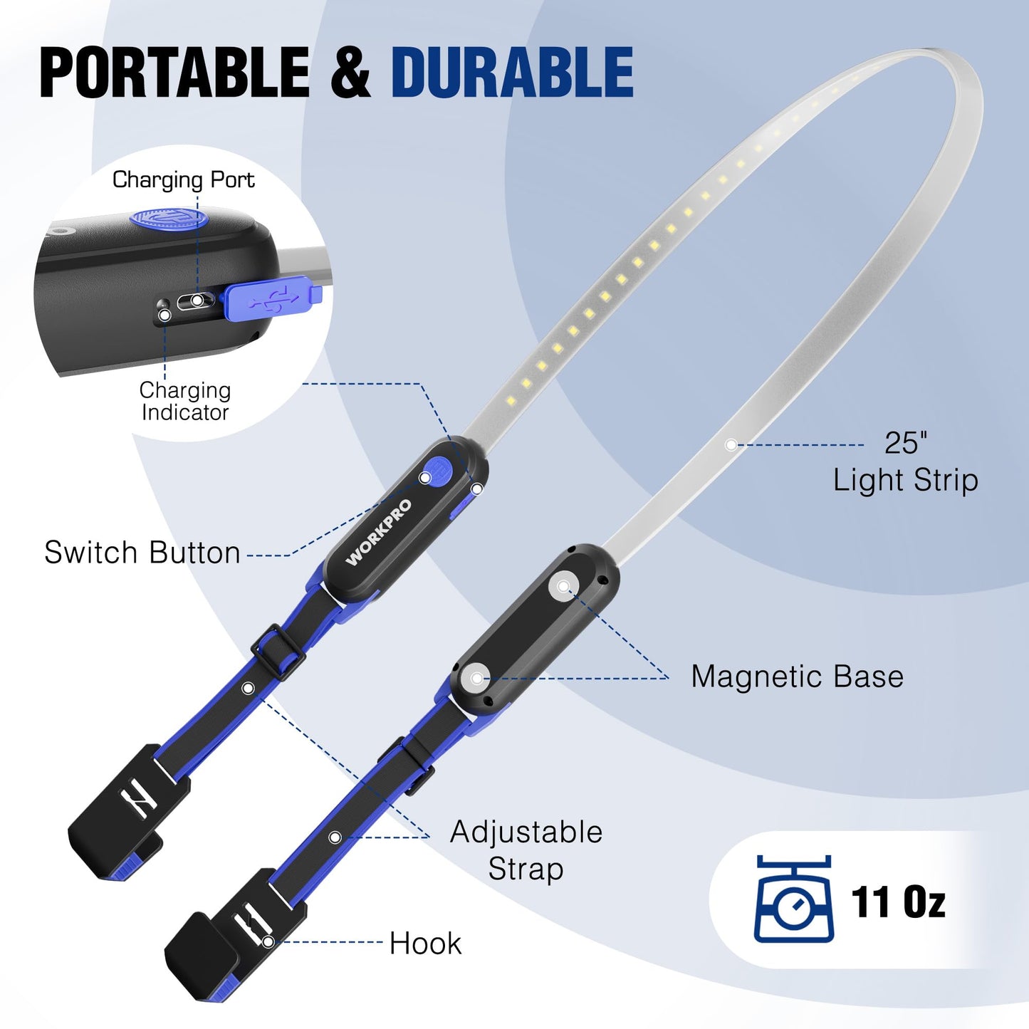 WORKPRO Rechargeable Underhood Work Light Bar, 25in LED, 3 Lighting Modes, Magnetic, for Car Repairing and Garage Use