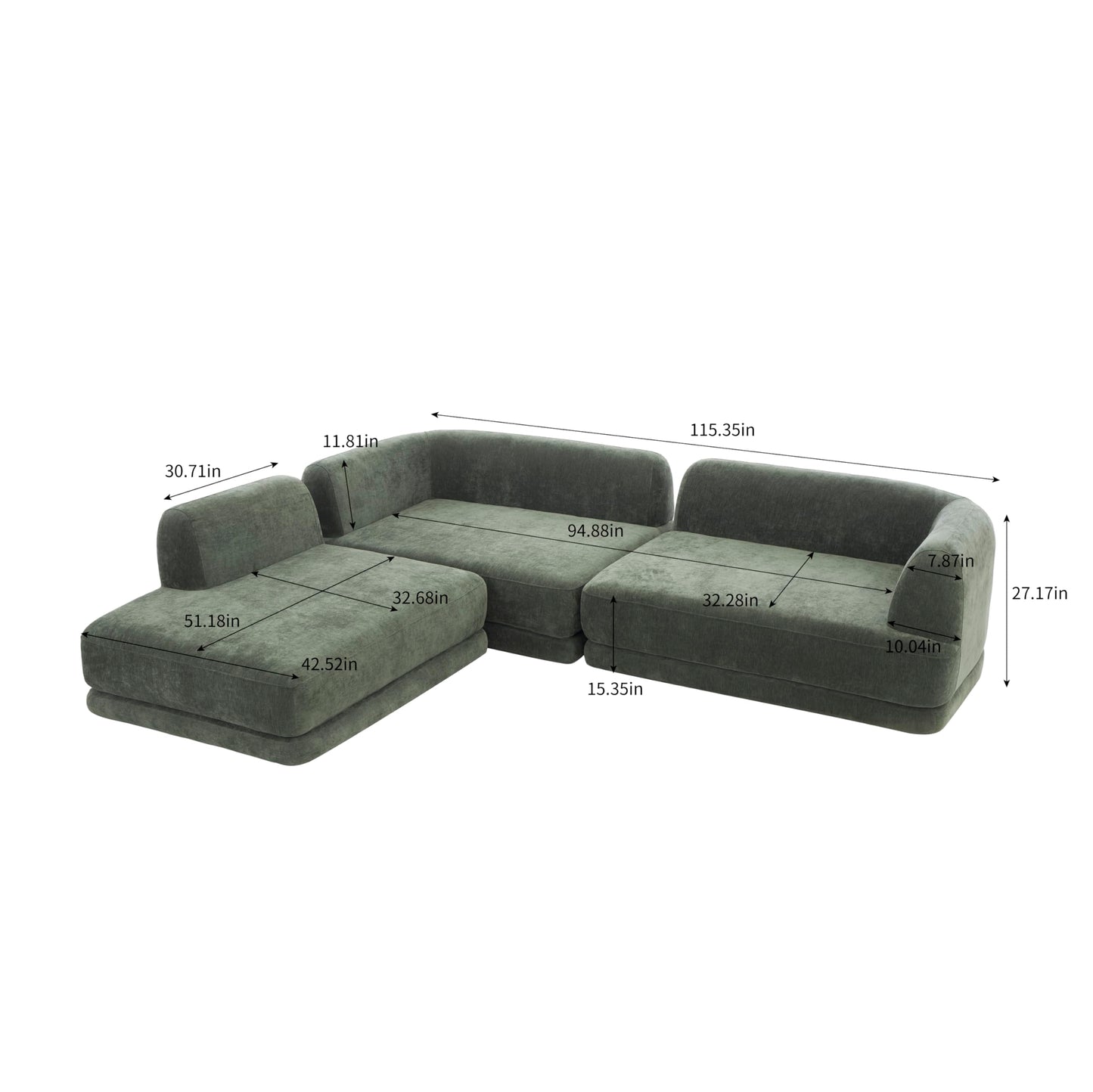 Merax 115" Modern L-Shaped Sectional Sofa with High-Density Fully Compressed Sponge and Chaise Lounge, Deep Seating 3-Piece Set, Fully Assembled Right Hand Facing for Living Room, Lounge, Green