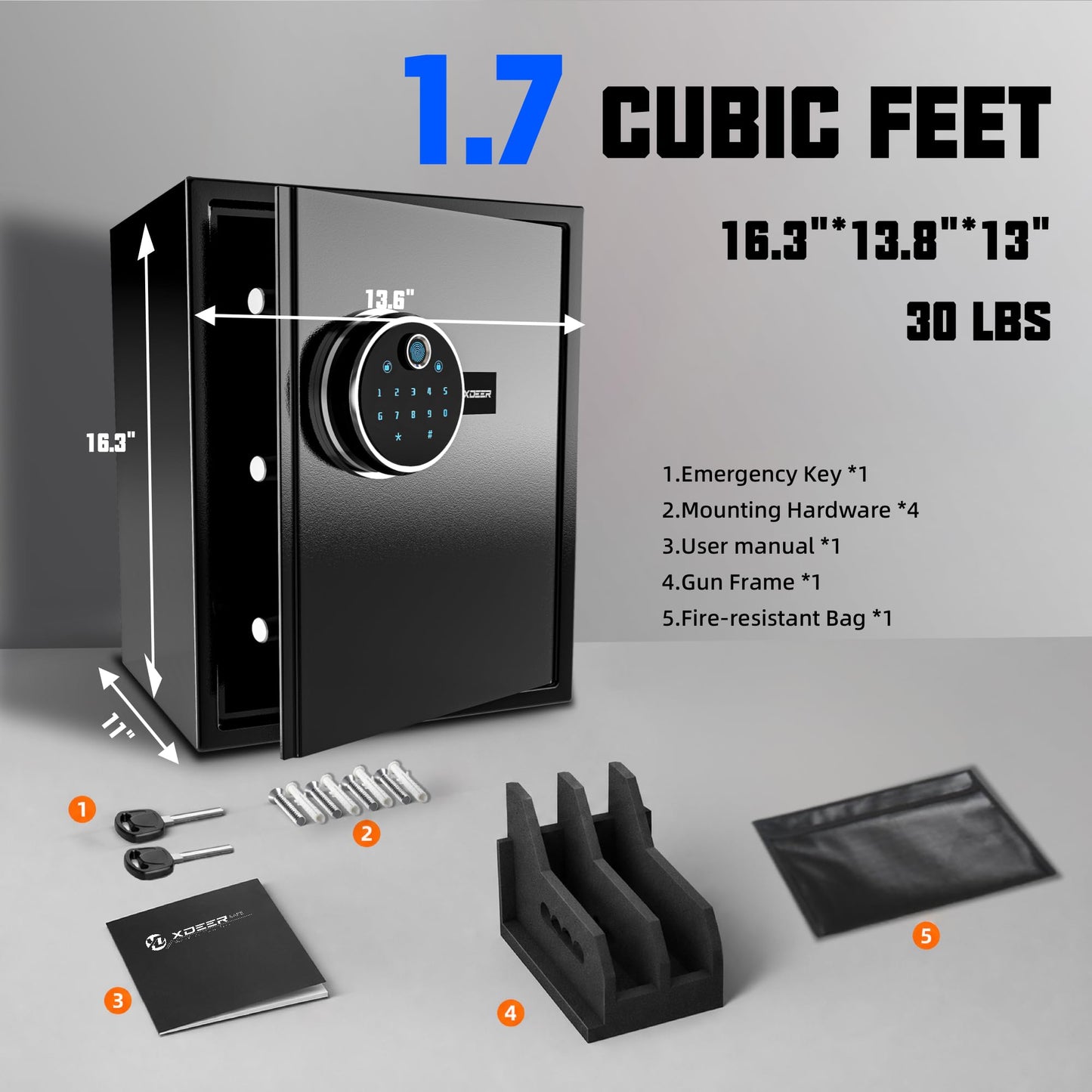 XDeer 1.7 Cu.Ft Smart Biometric Gun Safe with Fireproof Bag, Home Security Safe Box with Adjustable Racks,Quick-Access Fingerprint Safe,Small Safes for Home Money Medicines Jewelry Valuables 1PCS
