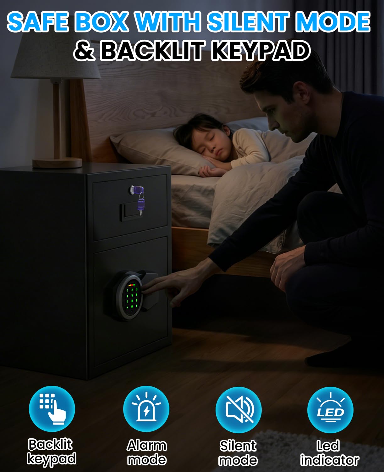 2.8 Cuft Safe Box for Home Documents, Anti-Theft Home Safe with Fireproof Bag, Drawer, Digital Backlit Keypad, Spare Key, Smart Alarm & Mute Function, Safes for Home Office of Money Valuable Jewelry