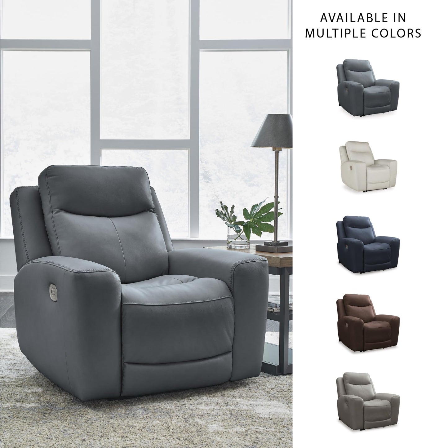 Signature Design by Ashley Mindanao Contemporary Leather Match Upholstered Power Recliner with Adjustable Headrest, Gray