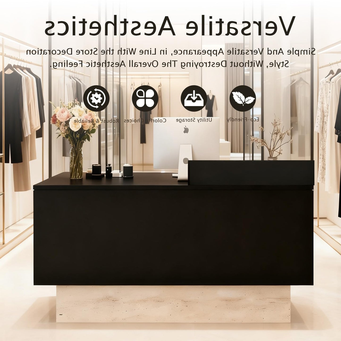 Front Reception Desk with Counter - Wood Modern with Storage Drawer for Salon Retail Office Checkout Barber Counter Table Mostrador para Negocio,Black + Stone/Right - 39.4″x19.6″x41.3″