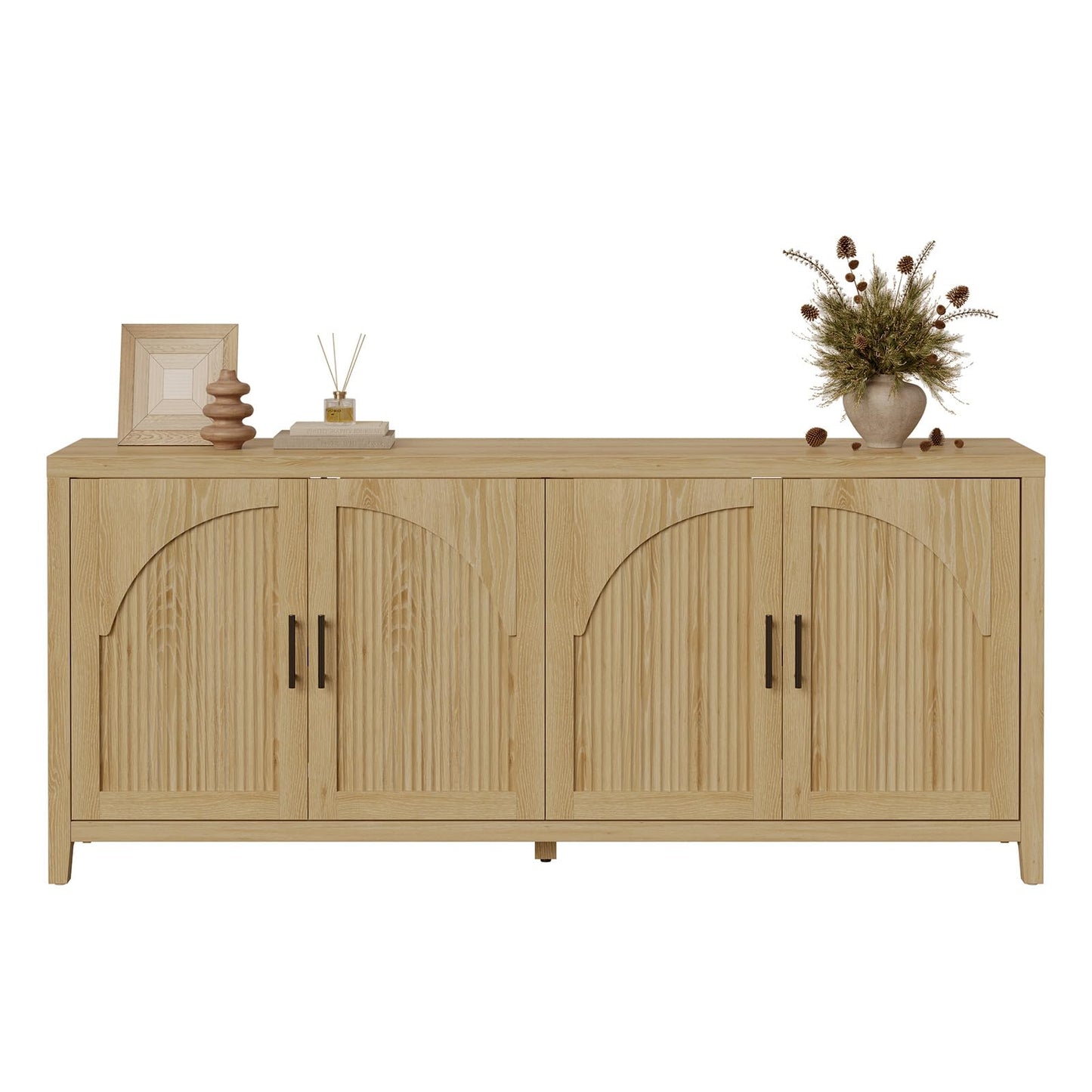 Bestier 70"W Sideboard Buffet Cabinet with Storage, Mid Century Credenza Storage Cabinet, 4 Doors Reeded Sideboard, Adjustable Shelves, Wood Buffet Long Cabinet for Living Room, Entryway, Coastal Oak