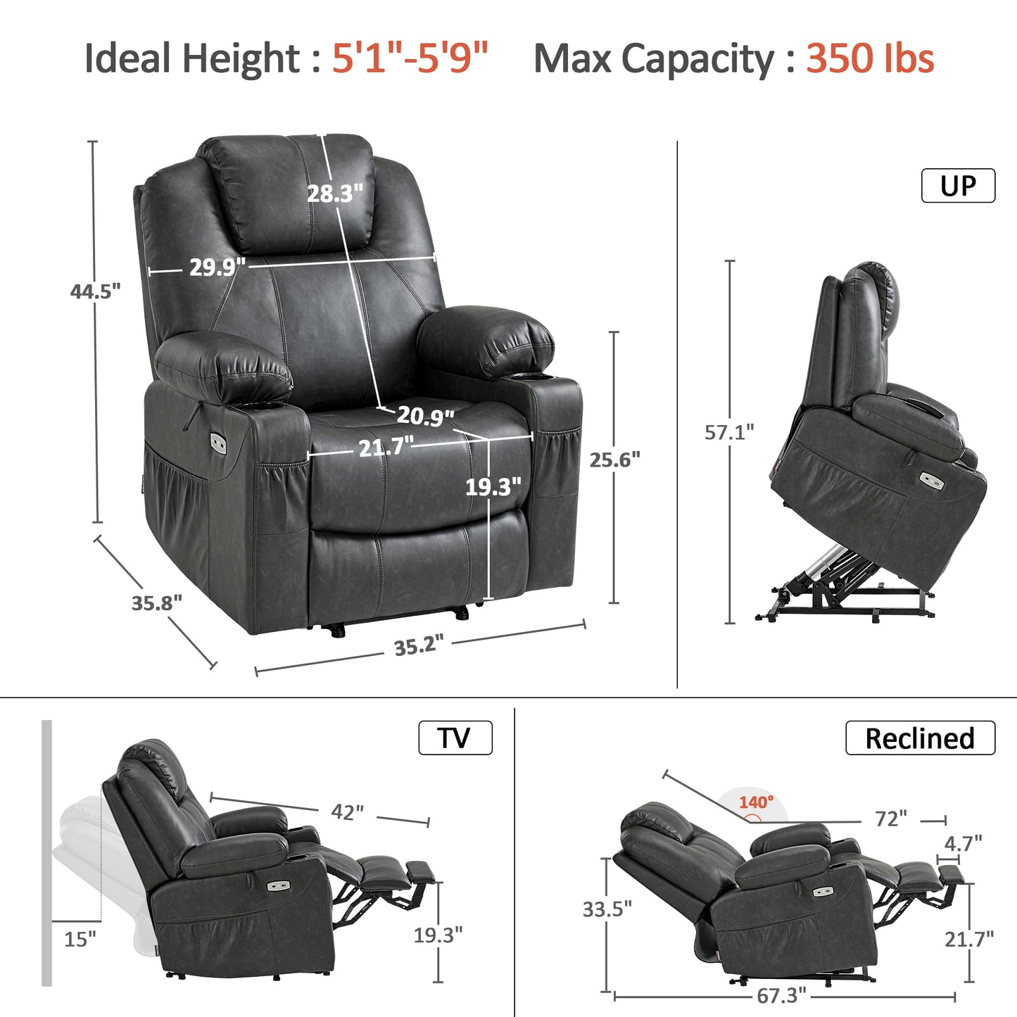 MCombo Electric Power Lift Recliner Chair Sofa with Massage and Heat for Elderly, 3 Positions, 2 Side Pockets, and Cup Holders, USB Ports, Faux Leather 7040 (Grey, Medium)