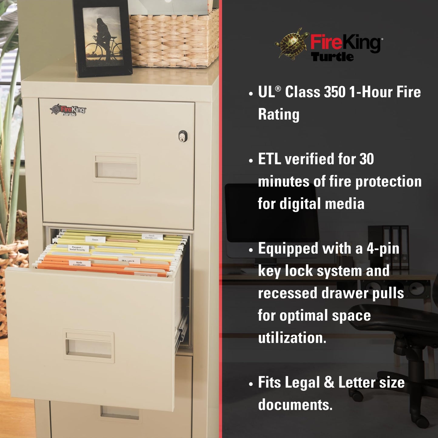 FireKing Turtle Vertical 4 Drawer Legal and Letter Fire Safe File Cabinet with Key Lock, 1 Hour Fire Rated, UL Rated & Water Resistant Home Safe, Filing Cabinet, Made in The USA, Platinum