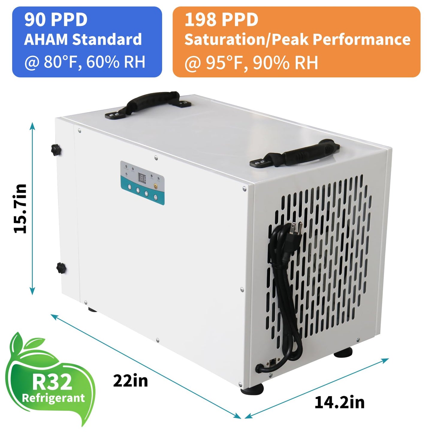 AMARITE 198 PPD Dehumidifier for Basement and Crawl Space with HEPA Filter, Commercial Industrial Grade, 90 PPD AHAM, 238 CFM, Auto Drain & Defrost, Water Damage Restoration, Rugged Metal Shell