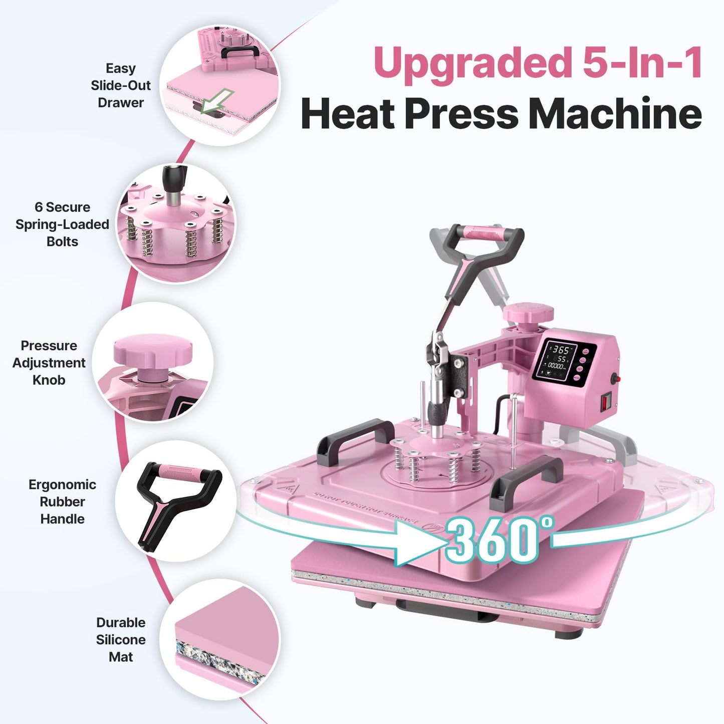 Slendor 15x15 Inch Heat Press 5 in 1 Heat Press Machine, 360-Degree Swing Away Digital T Shirt Pressing Machine Multifunction Heat Transfer Sublimation Combo for T Shirts Mugs Hat Plate Cap