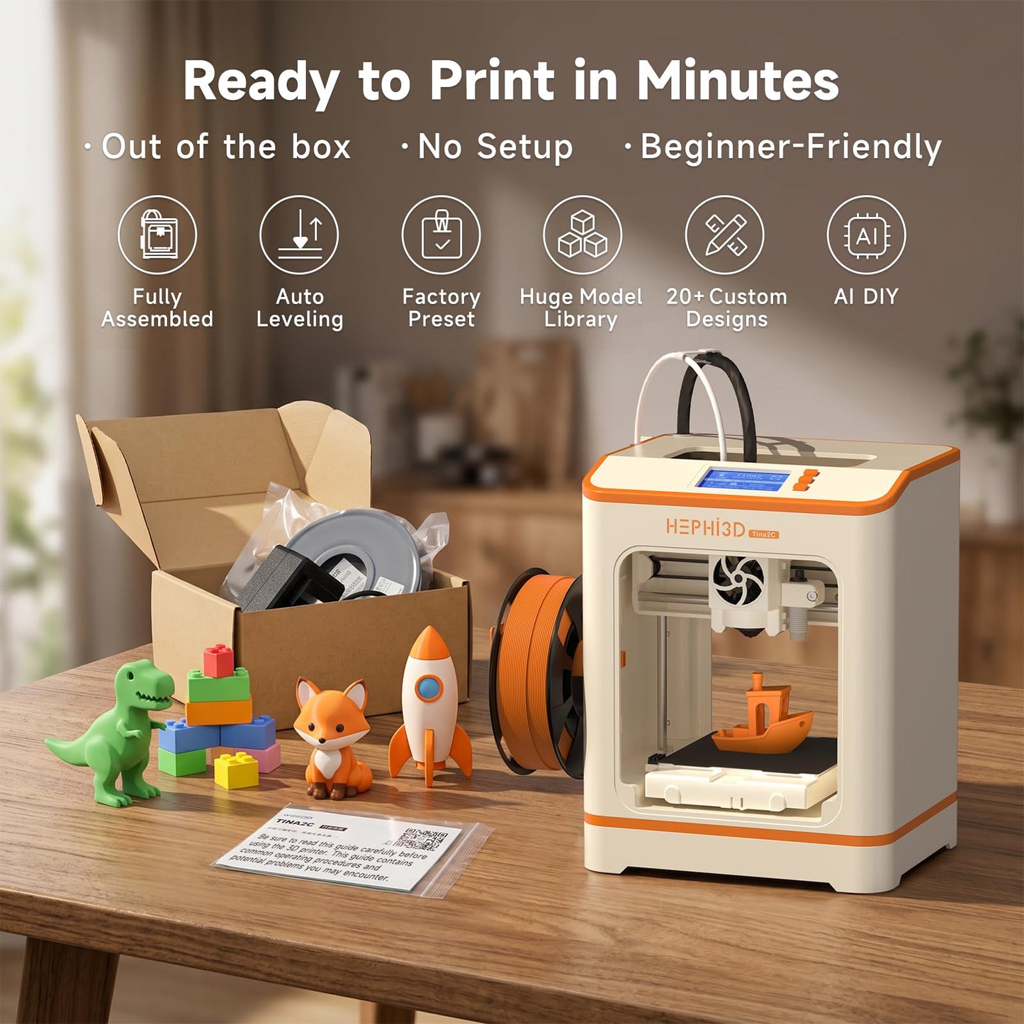 HEPHi3D TINA2C 3D Printer with WiFi Cloud Print, Fully Assembled Mini 3D Printer for Beginners and Kids, Auto Leveling, 3000+ Models APP Control 3D Printers Fully Open Source for Home, School, Office