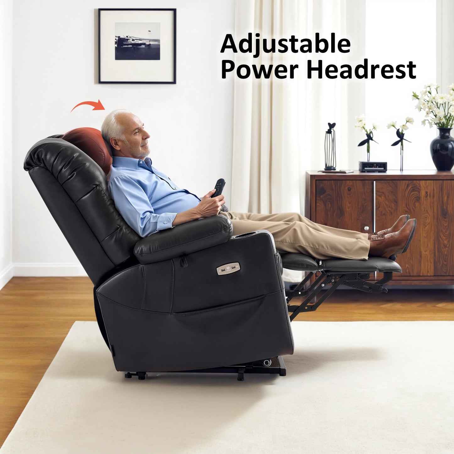 MCombo Triple Motor Lay Flat Power Lift Recliner Chair for Tall Elderly, Infinite Position, Massage, Dual Heating, Adjustable Headrest, Faux Leather 7634 (Black, Large)