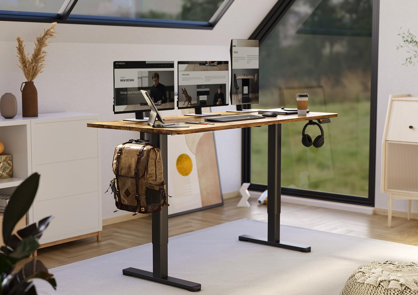 Claiks Electric Standing Desk, Adjustable Height Stand up Desk, 55x24 Inches Sit Stand Home Office Desk with Splice Board, Black Frame/Rustic Brown Top