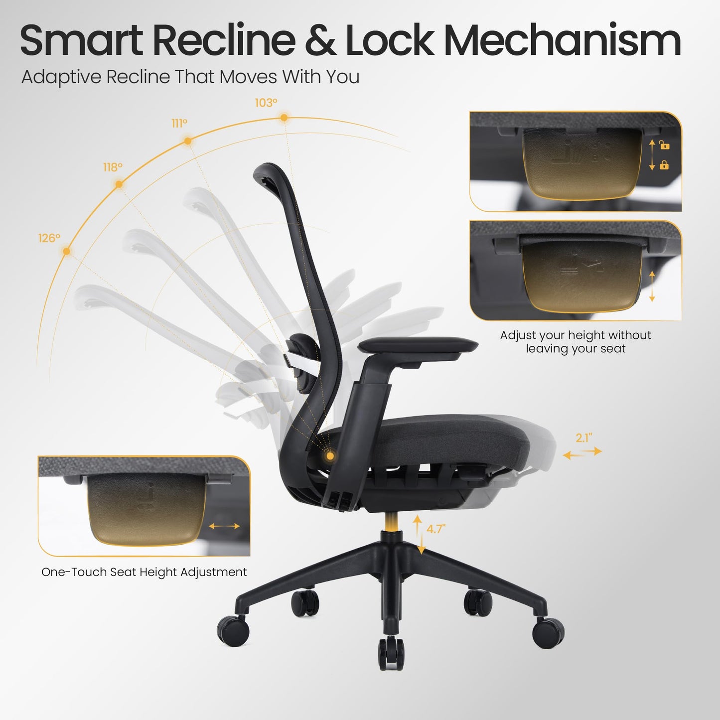 COLAMY Aether Executive Office Chair for Long Hours, One-Touch Easy Adjust Managerial Desk Chair with Levitating Seat Cushion & Pilot-Level Sync Armrests, 300 LBS Mid Back Mesh Computer Chair,Black