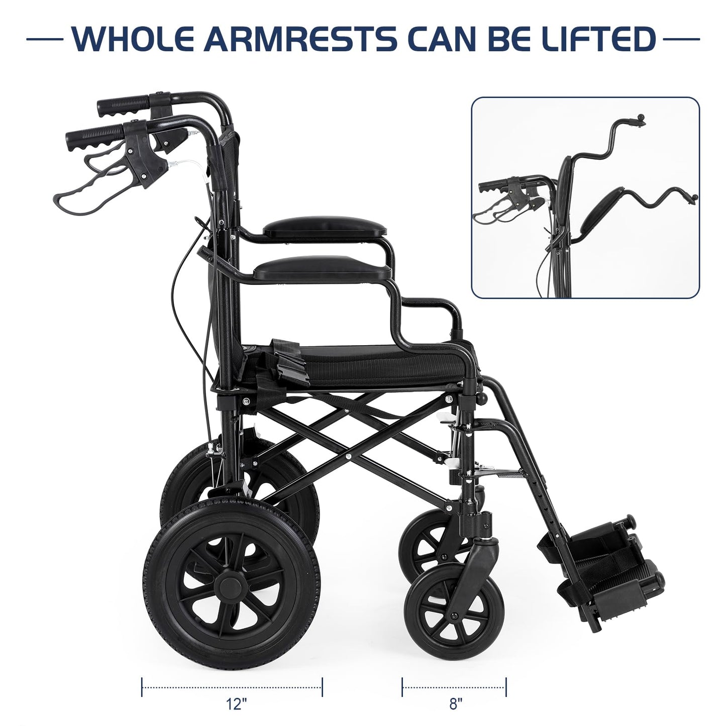 Medwarm Ultralight Transport Wheelchair for Adults & Kids, Weights only 22lbs, Folding Travel Wheelchair with Handbrakes, Detachable Footrests, Swing Away Armrests and 12" Rear Wheels, Black