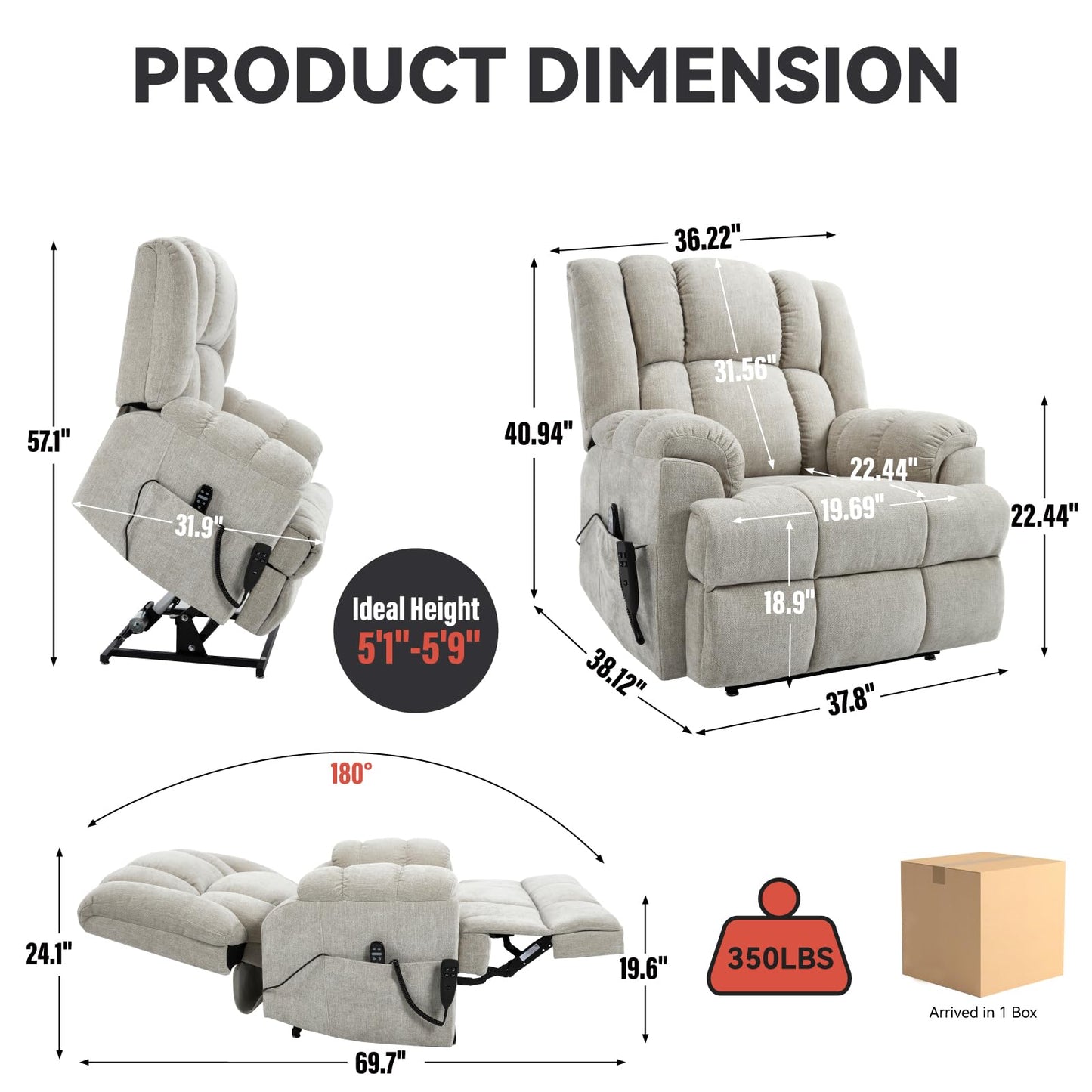 KEIKI Oversized Dual Motor Power Lift Recliner Chair for Elderly, Chenille Upholstery Breathable Rocking Chair with Back Massager and Heated, Living Room Lounge and Family Comfort, Beige