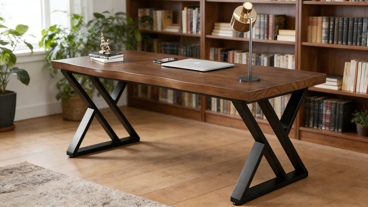 QZYJKJ 55inch Solid Wood Desk Wide Home Office Desk,Metal Modern Industrial Writing Table, Workstation, Perfect Table for Your workspace Study Table Furniture in Rustic Natural Aged Brown