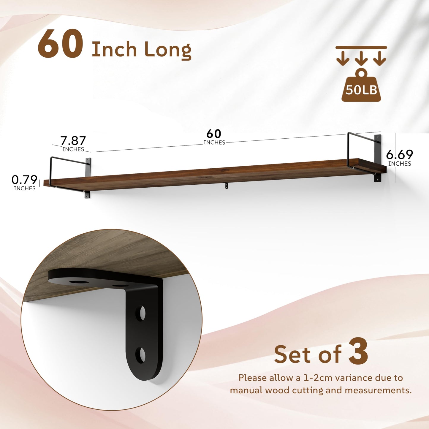 Teneyu Solid Wood Floating Shelves for Wall with Metal Brackets,3 Tier Pinewood Wall Shelf,Suitable for Multiple Places Such As Bedrooms,Kitchens,and Living Rooms(Walnut Finish)