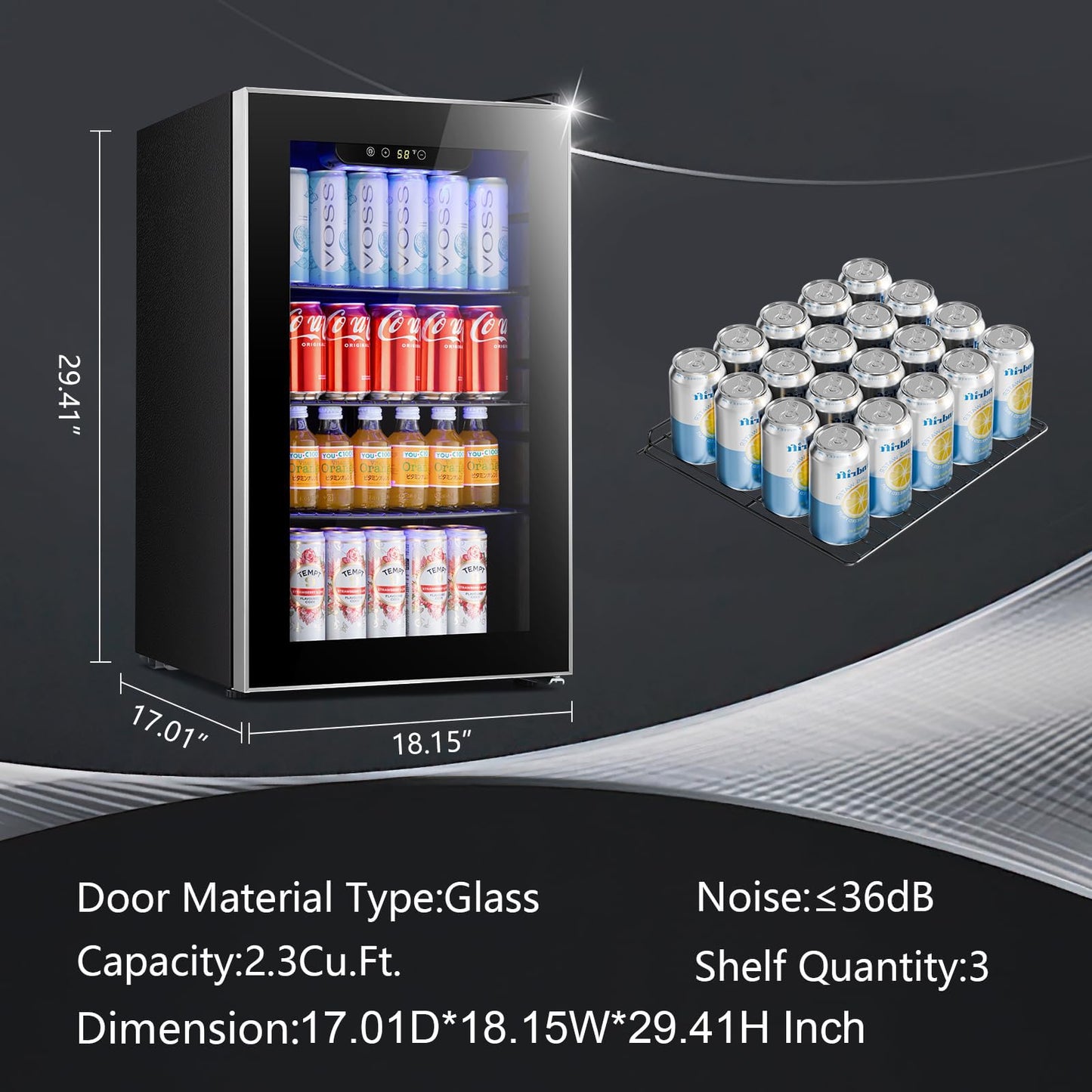 Antarctic Star Beverage Refrigerator Cooler ETL Approved - 95 Can Mini Fridge Glass Door for Soda Beer Wine, 32-61℉, Quiet Compressor, Removable Shelves for Home, Office or Bar, 2.3 cu.ft