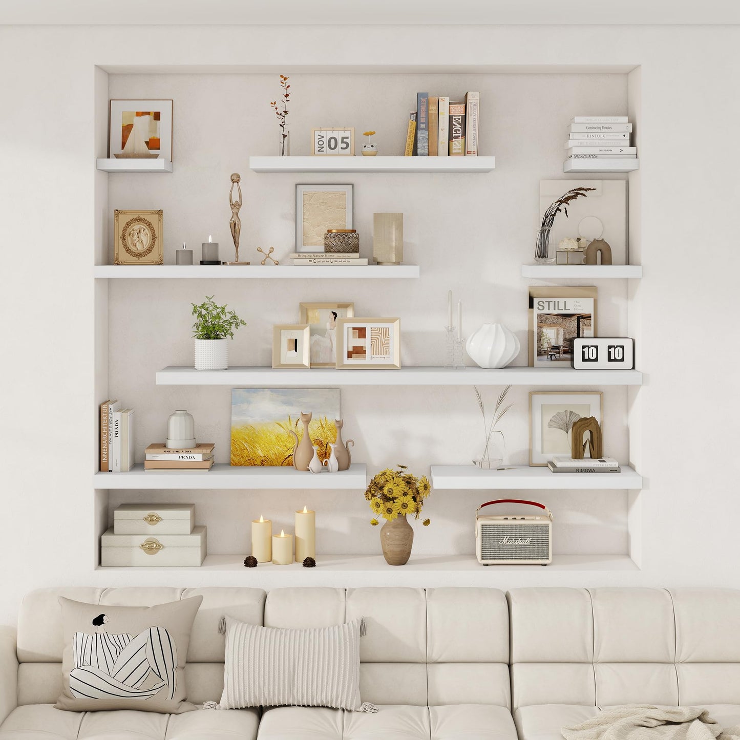 Fun Memories White Deep Floating Shelves, 72 x 12 Inch Long Wall Shelves, Large Display Shelf & Storage Shelf, Wood Floating Wall Shelves for Fireplace Mantel, Living Room, Home Office - Set of 2