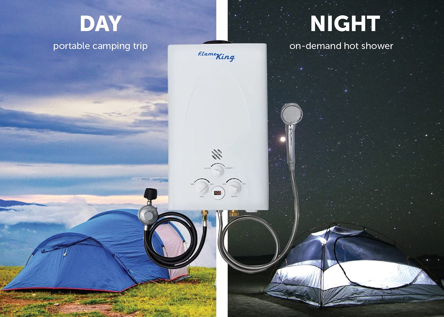 Flame King Portable Tankless Water Heater Propane Gas 10L 2.64 GPM at 68,000 BTU, Outdoor Instant Hot Water Shower for RV, Camping, Farm, Cabins