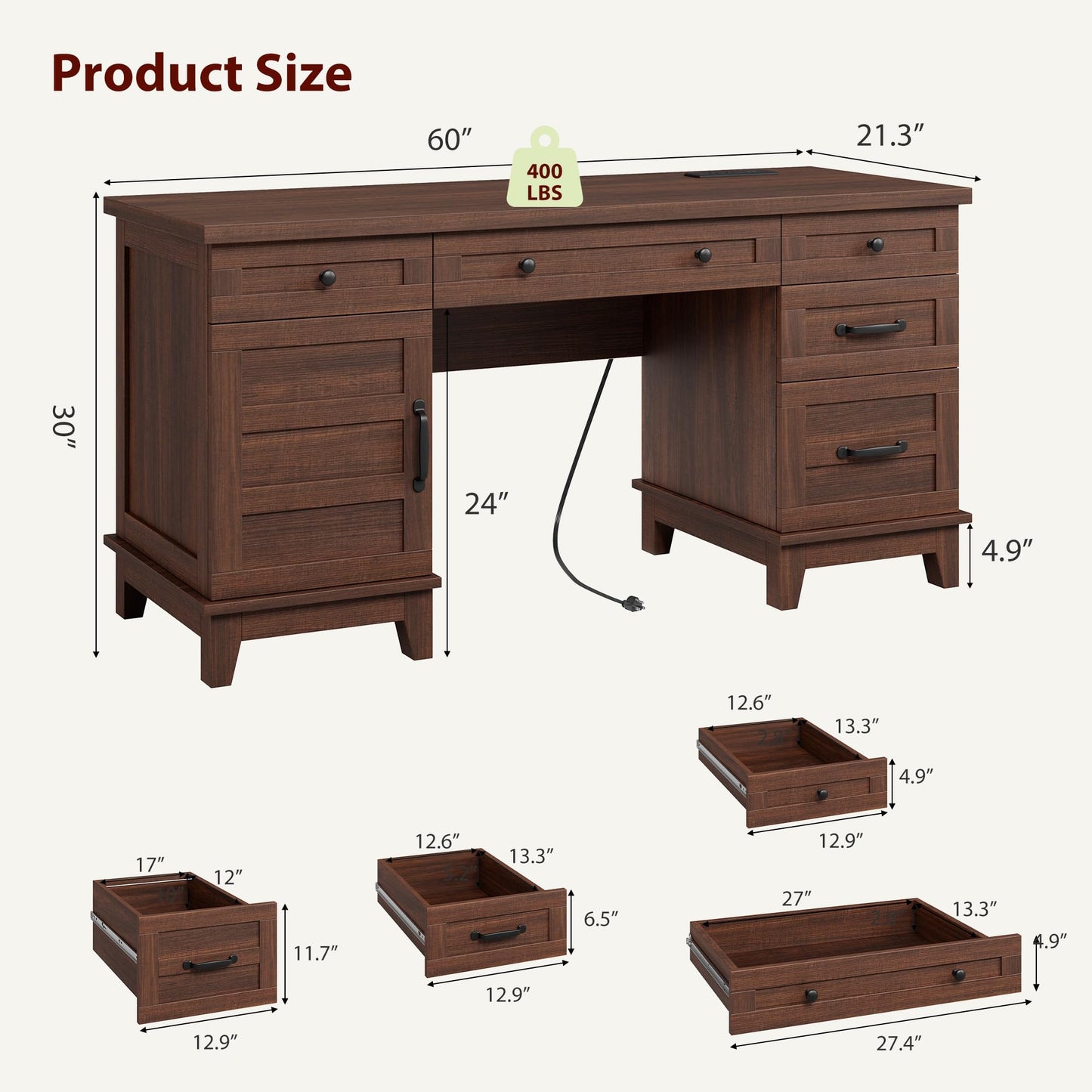 GAOMON 60in Wooden Executive Desk with 5 Drawers, Office Desk Computer Table with Charging Station, Farmhouse Home Office Desk with File Cabinet Storage, for Study and Home Office, Walunt Brown