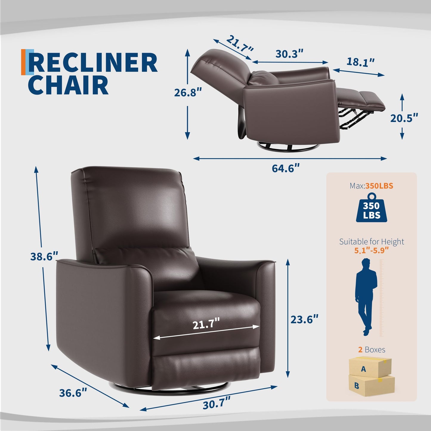 GarveeHome Recliner Chair, 360° Swivel Rocker Glider Nursery Chair with Padded Armrest and Deep Seat, PU Leather Upholstered Reclining Sofa Chair for Living Room, Bedroom and Nursery (Dark Brown)