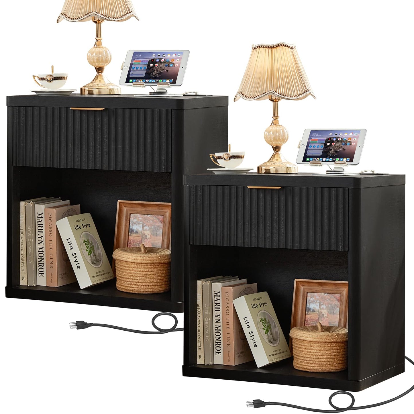 LEYAOYAO Fluted Farmhouse Nightstand Set of 2 with Charging Station, 23" Wide 1 Drawers End Table,Black Dresser for Bedroom,Bed Side Table Chest of Drawers Cabinet,Wood Night Stand for Living Room