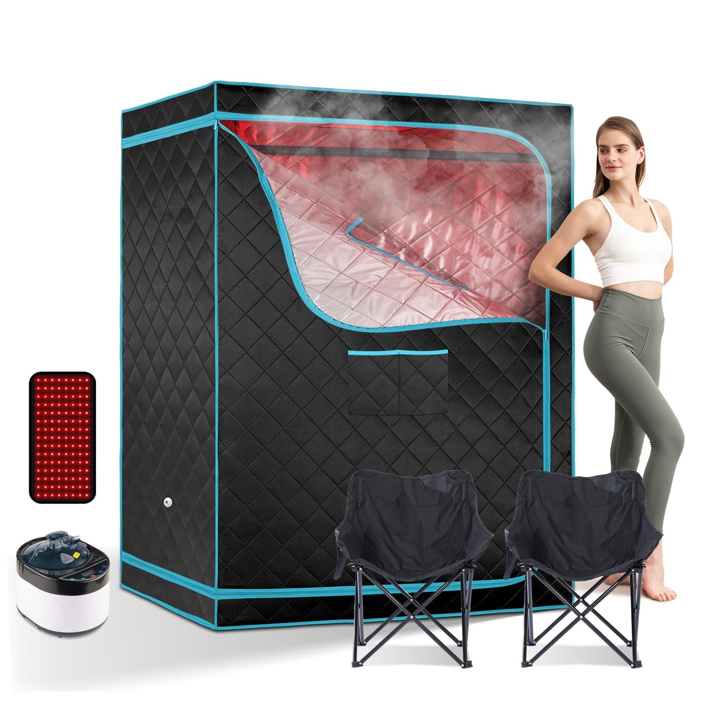 ZONEMEL 2-Person Large Steam Sauna with Remote Control, 4L Steamer, Red Light Therapy Panel & 2 Chairs, Portable Home Spa (47.2" x 35.4" x 63")