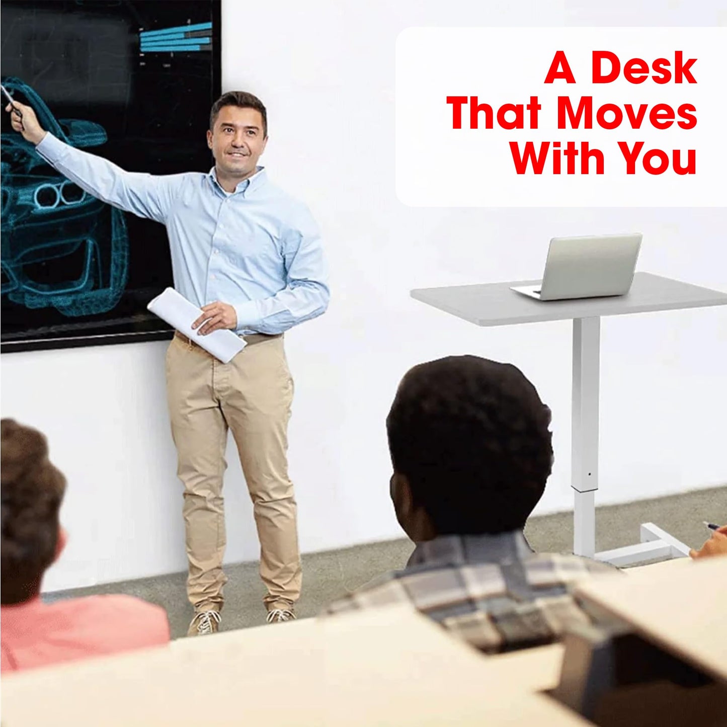 FitDesk Portable Laptop Desk, Rolling Standing Workstation Adjustable Height, Compact Standing Table with Large Surface, Small Stand Desk for Home Office, 30 lb Weight Limit, White, 27" Tabletop