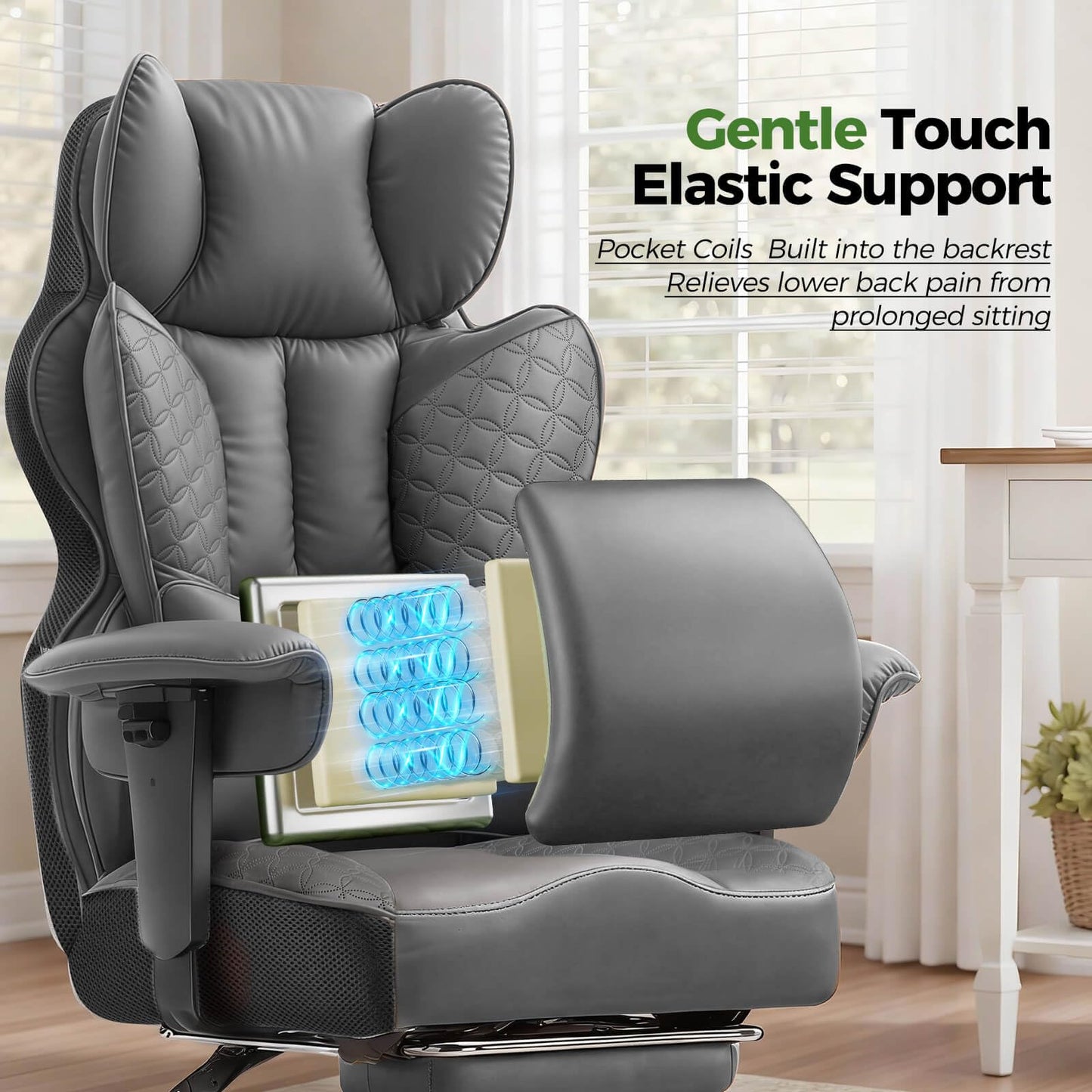 GTPOFFICE Big and Tall Office Chair 400LBS Wide Seat Computer Gaming Chair with Footrest & Comfy Lumbar Support, Leather High Back Executive Chair with Ergonomic Pressure Relief Seat Cushion, Gray
