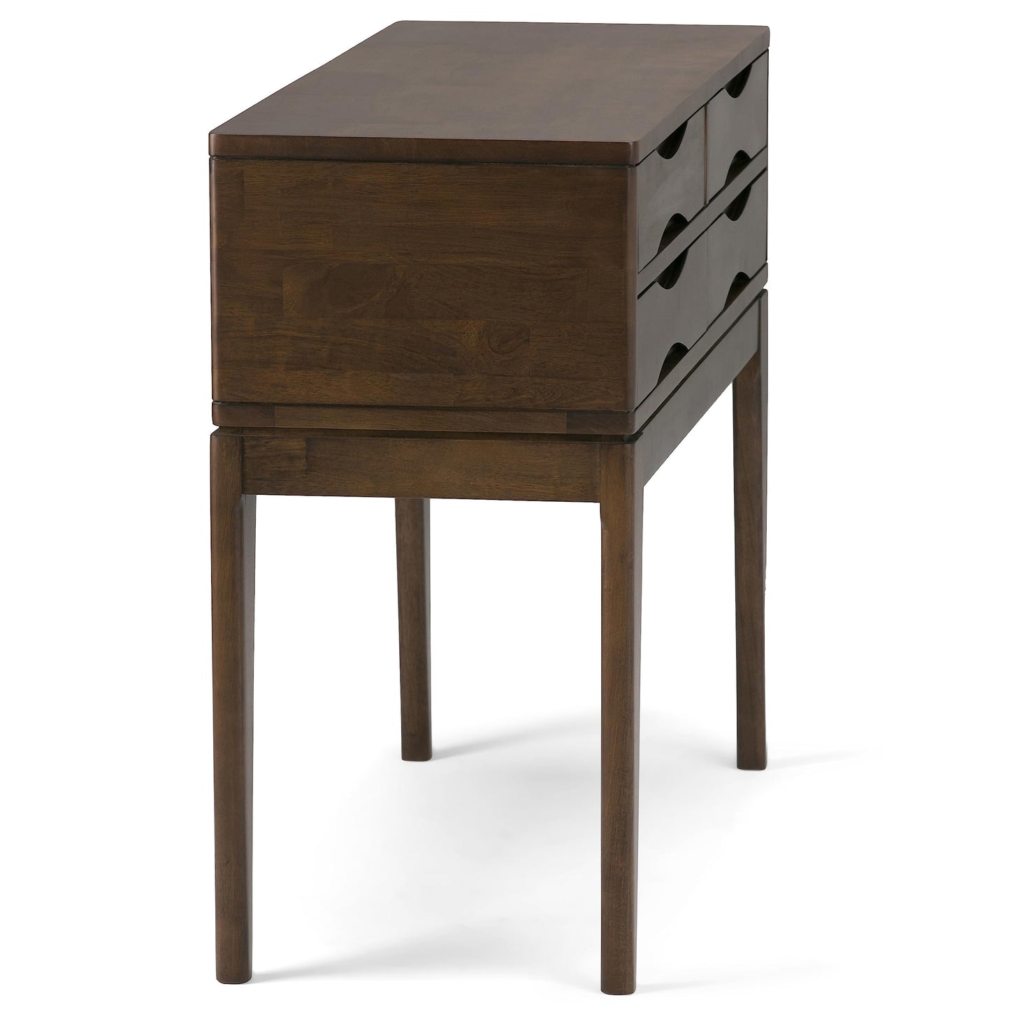 SIMPLIHOME Harper Console Table - 40 Inch Wide Solid Hardwood Sofa Table in Walnut Brown, Mid-Century Modern Storage Table for Entryway or Living Room with 4 Drawers, Notched Handles, and Tapered Legs
