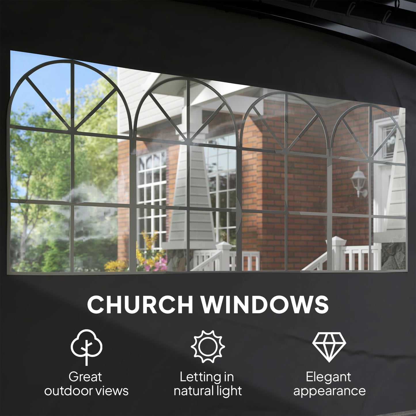 Outsunny 11' x 11' Outdoor Gazebo, Arc Patio Gazebo Canopy Shelter, UV Protected, with Curtains, Church Windows, Double Roof, Galvanized Steel Frame for Lawn, Backyard and Deck, Dark Gray