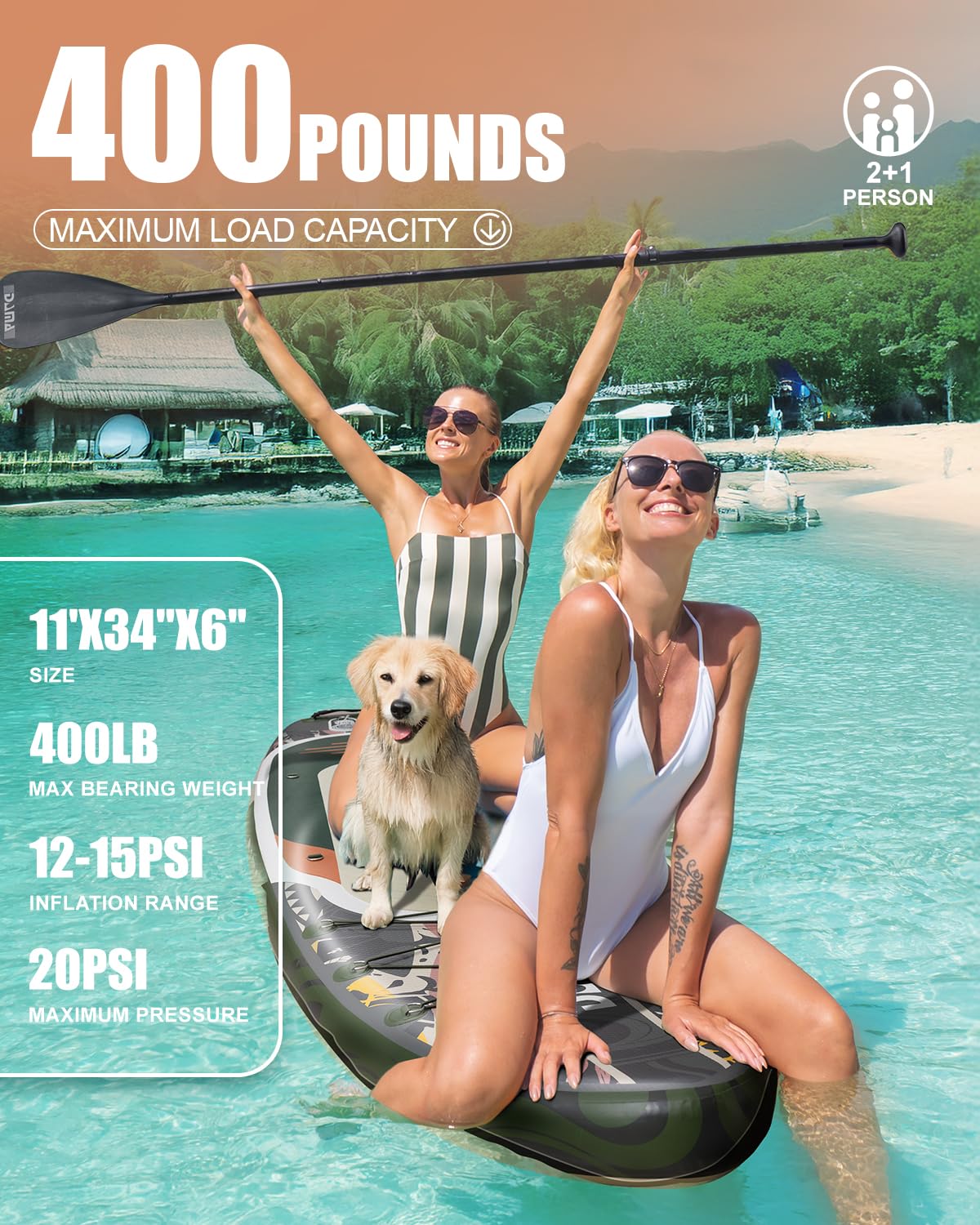 DAMA Paddle Board, 11' x 34" x 6", 400 lb Weight Capacity, All-Around Paddle Board for Multi-Person Use, Pet-Friendly Design, Wide Stable Structure for Beginners, Smooth Gliding for Yoga and Fishing