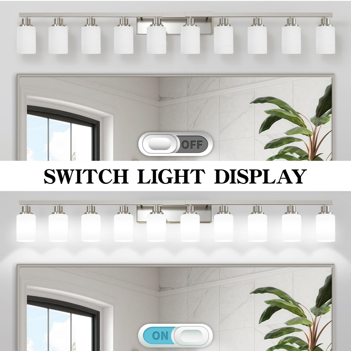 DIKAIDA 10-Light Bathroom Vanity Light Brushed Nickel,64.5in Vanity Lights with White Frosted Glass,Modern Bathroom Wall Lights Fixtures Over Mirror,Wall Sconces Lighting for Bedroom Living Room,E26