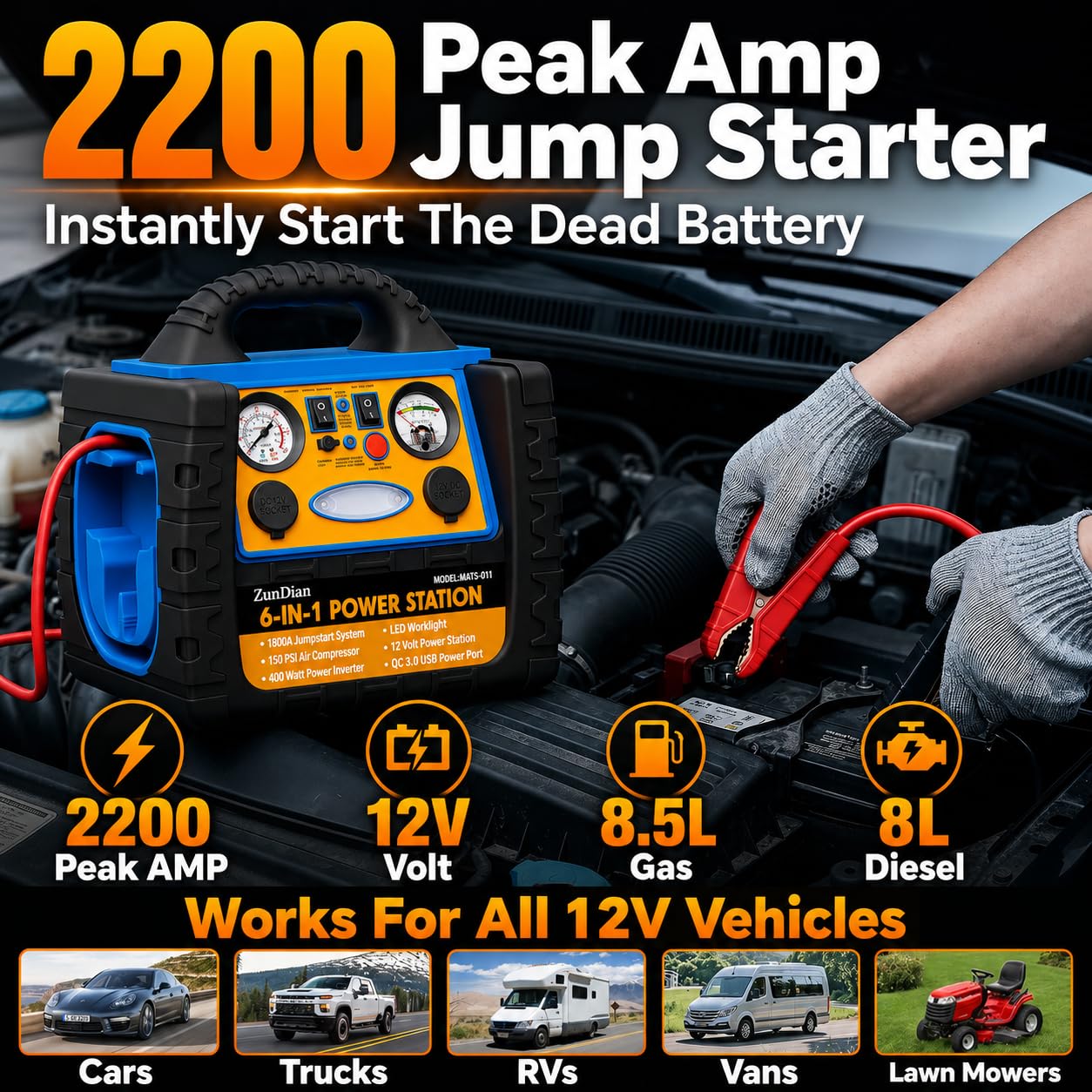Car Jump Starter with Air Compressor, 2200A Battery Booster Pack for Up to 8.0L Gas & 6.0L Diesel, 150PSI Tire Inflator, 400W Portable Power Station with AC Outlet, 6-in-1 Jump Box for Cars, Trucks