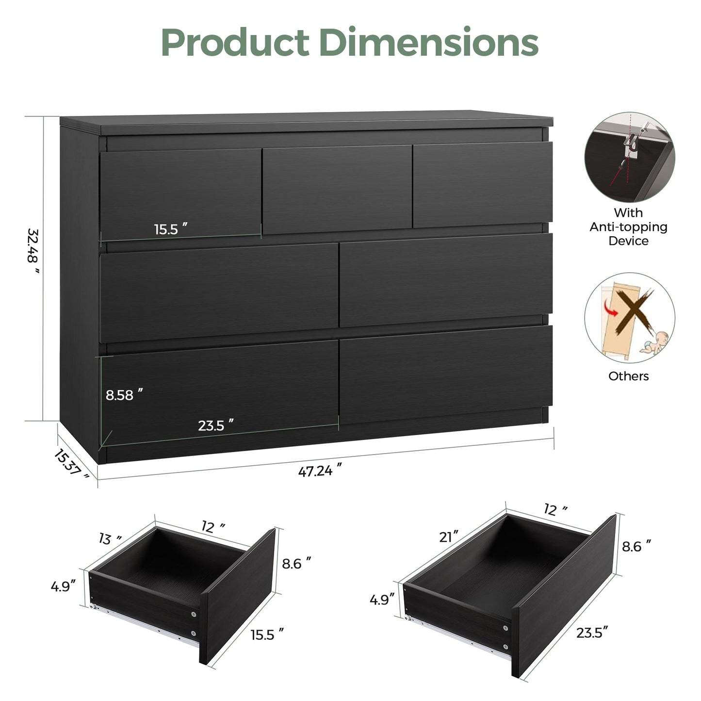 Jocoevol Modern Black 7 Drawer Dresser for Bedroom, Simply Chest of Drawers, Wood Storage Dresser with Deep Drawers for Living Room Hallway Entryway, Black