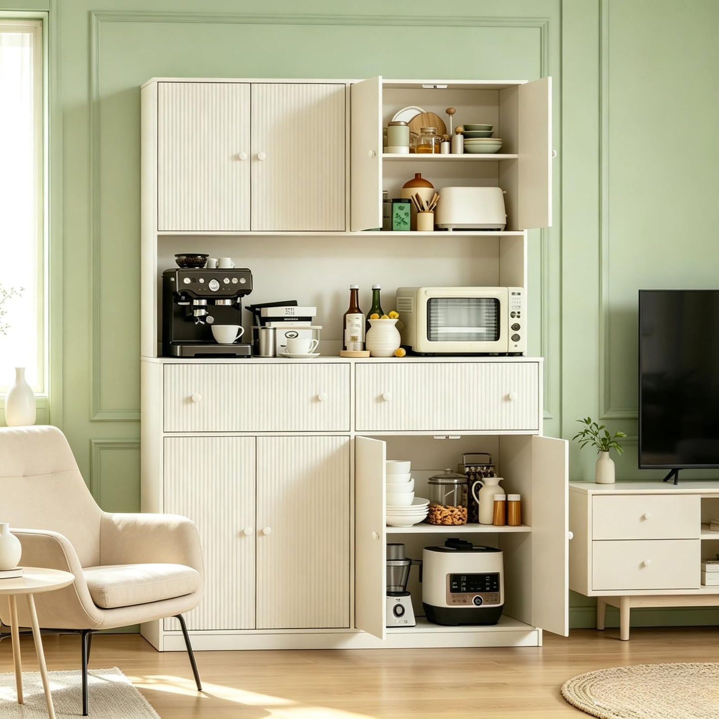 Garvee 47" Fluted Kitchen Pantry Cabinet with Countertop and Charging Station - Tall Pantry Storage Cabinet with 2 Drawers and Adjustable Shelves for Dining Room, Living Room